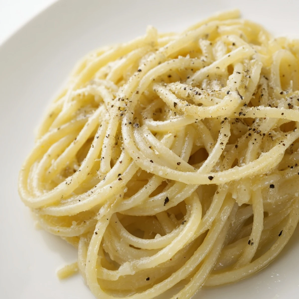 Creamy spaghetti cacio e pepe twirled on a fork, beside a glass of crisp Pinot Grigio and grated Pecorino.