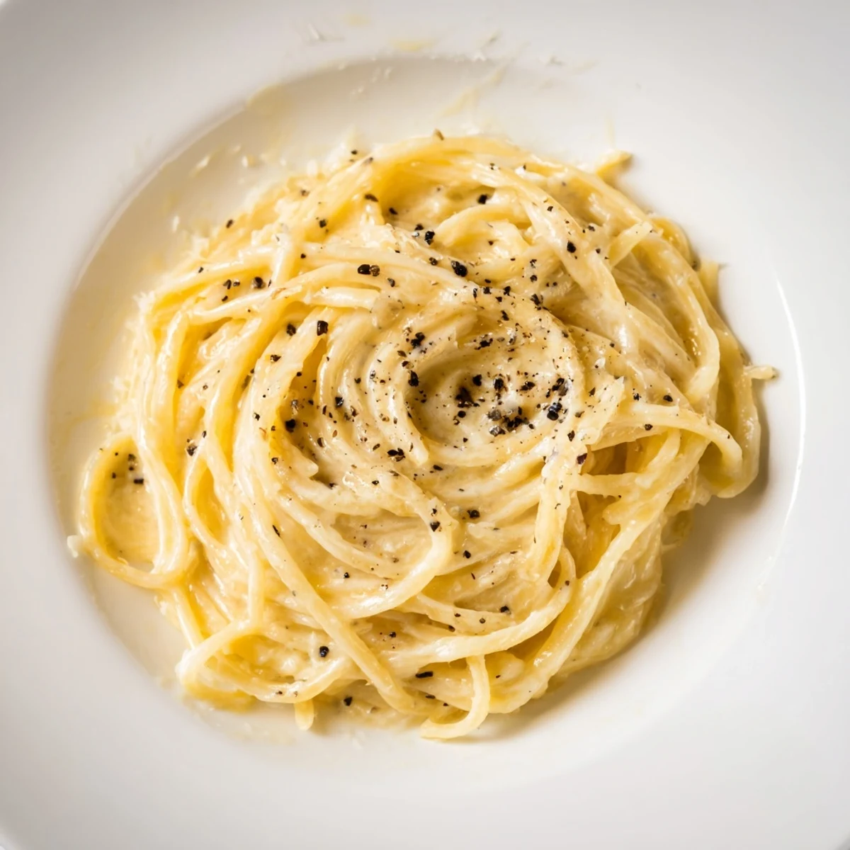 Steaming spaghetti cacio e pepe glistens in a skillet, flecked with black pepper and topped with shaved Pecorino Romano.