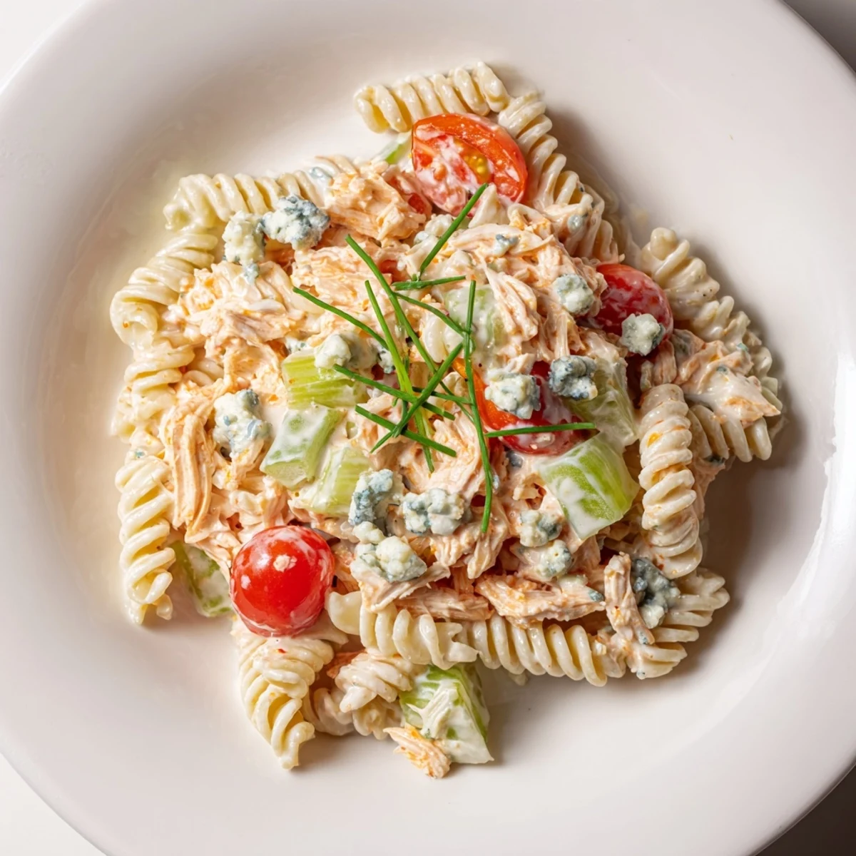 A vibrant bowl of Buffalo Chicken Pasta Salad with tender chicken, crisp celery, and red bell peppers tossed in creamy ranch dressing.  