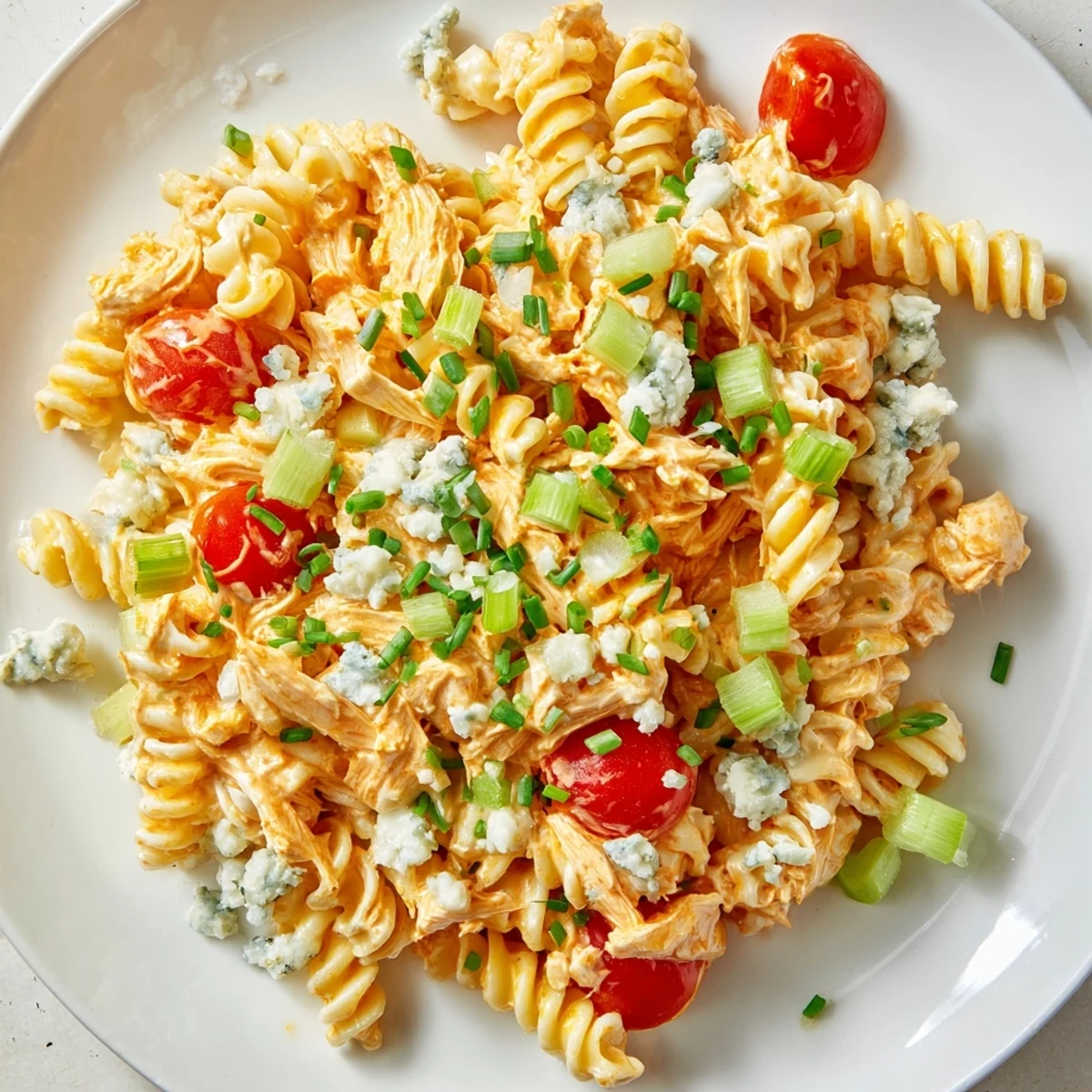 Cold pasta salad with shredded buffalo chicken, cherry tomatoes, and herbs, served in a white bowl for a perfect picnic side.  