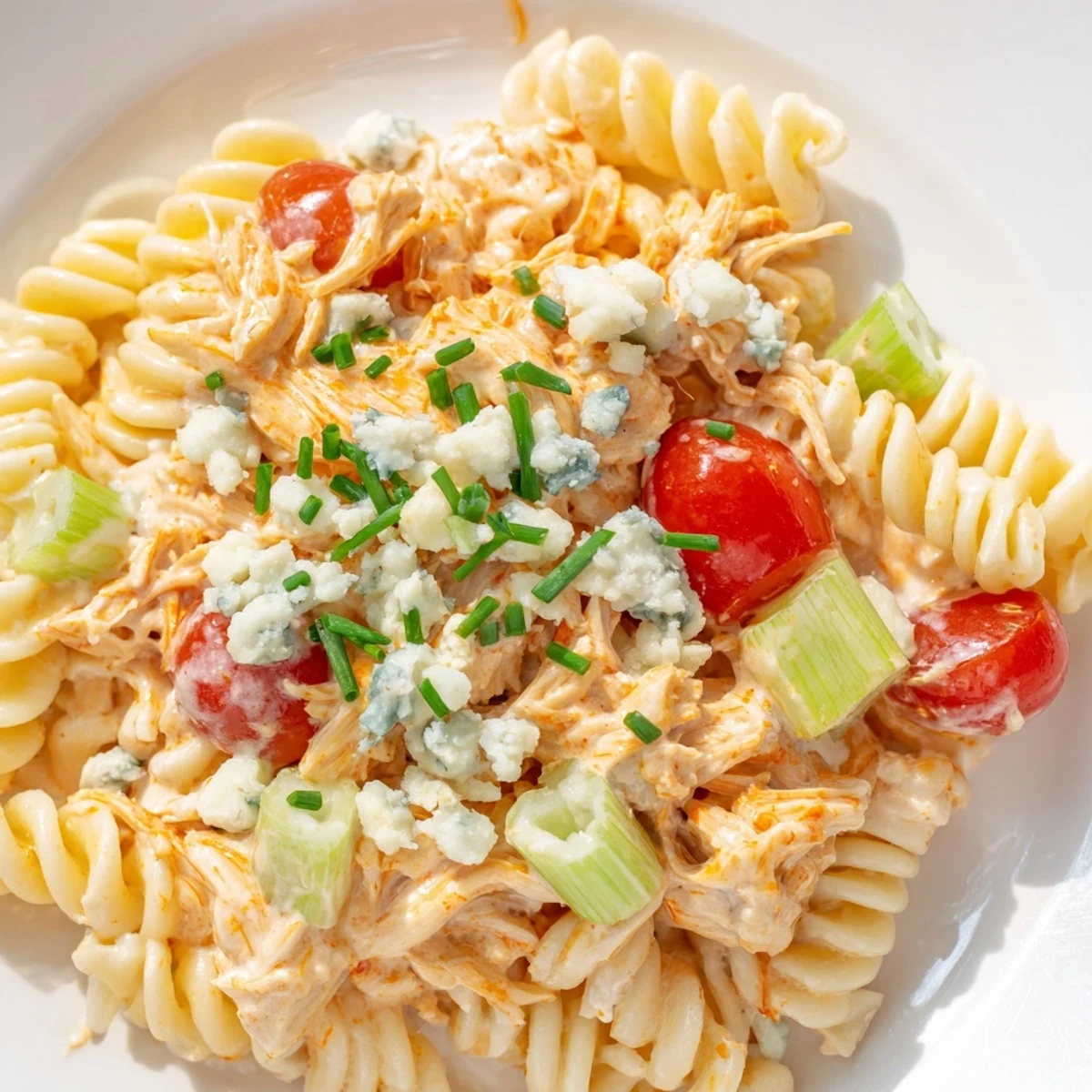 Hearty American Buffalo Chicken Pasta Salad featuring rotini pasta, red onion, and blue cheese crumbles on a rustic kitchen counter.