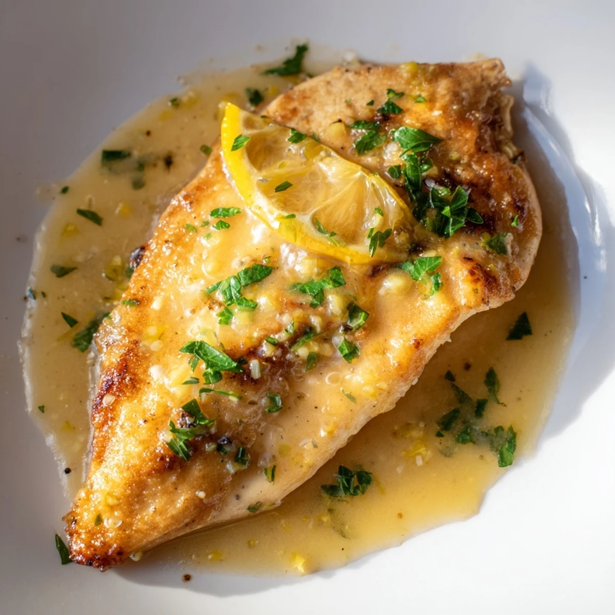 Sizzling Lemon Pepper Chicken breasts in a skillet, coated in a vibrant butter sauce with lemon zest and fresh parsley garnish.