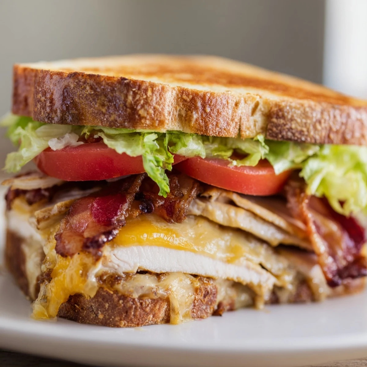 Golden-brown sourdough grilled cheese stacked with roasted turkey, crispy bacon, fresh lettuce, juicy tomato, and melted cheese.