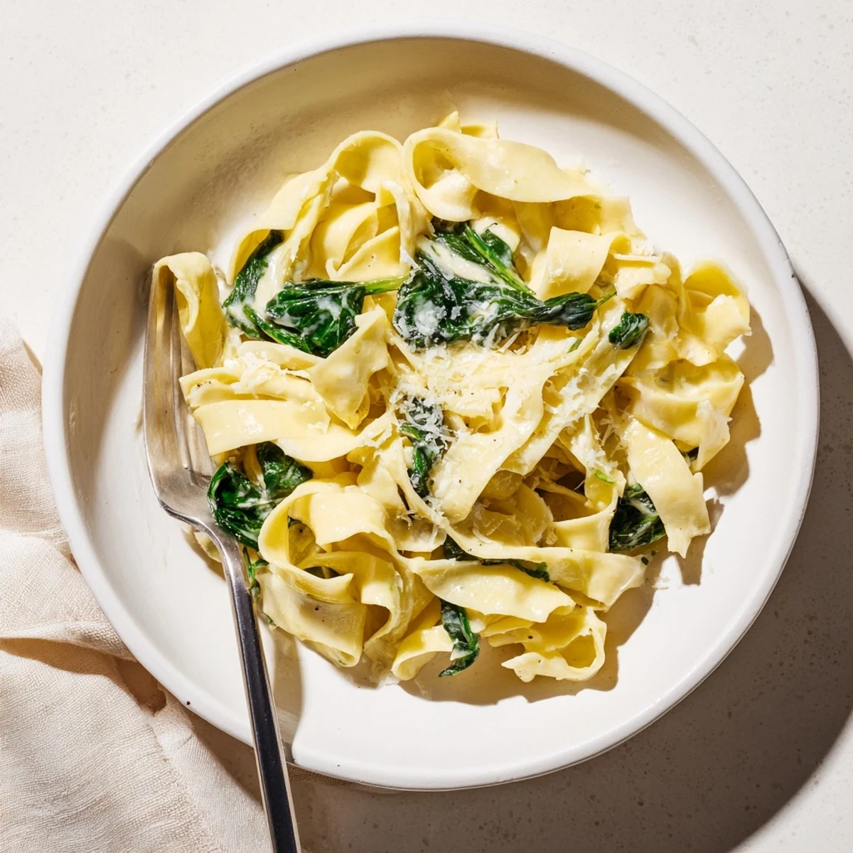 Creamy Spinach Garlic Noodles twirl in a rich, garlicky cream sauce, topped with vibrant green spinach and shaved Parmesan.