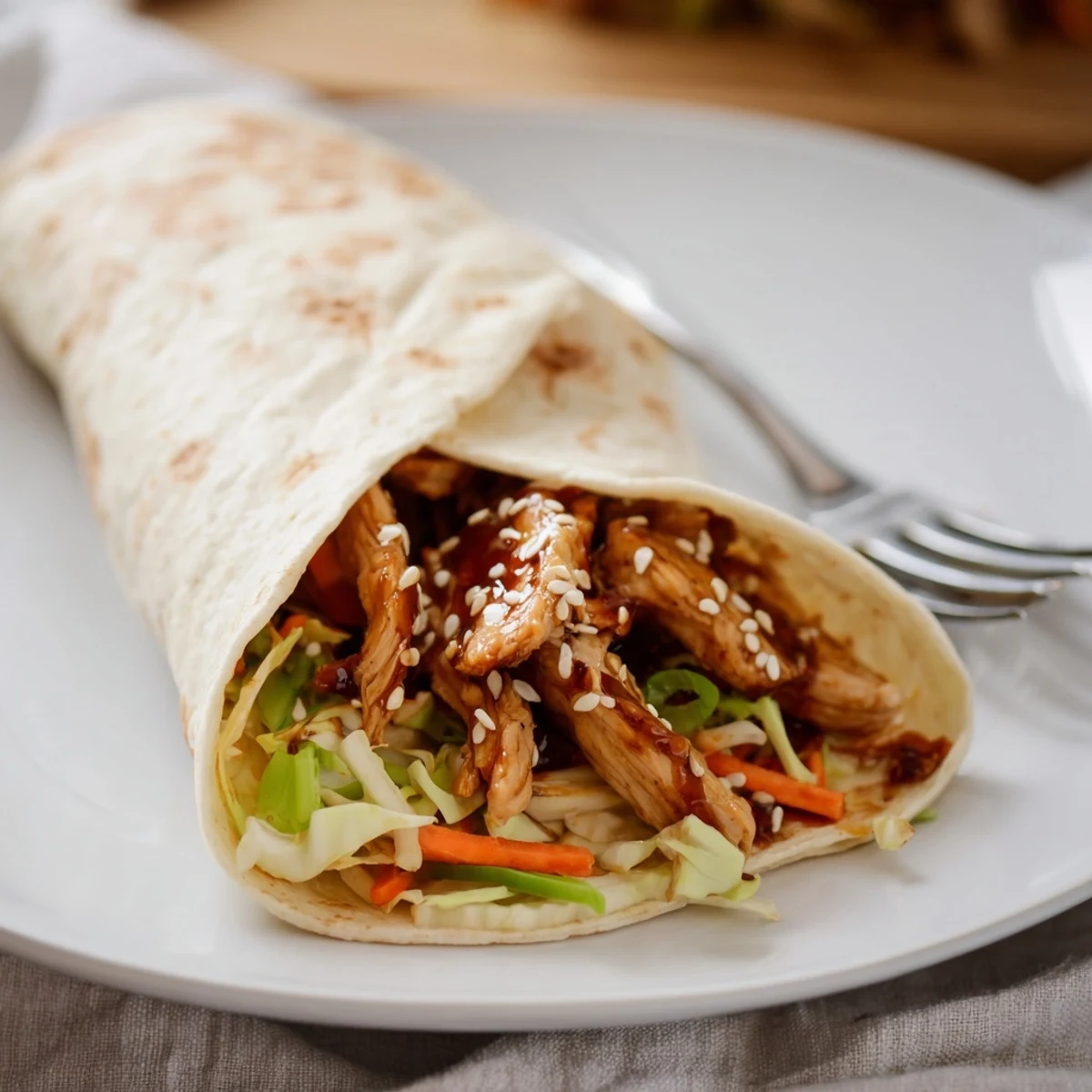 Savory teriyaki chicken wraps stuffed with crisp cabbage, carrots, and fresh cilantro on a soft flour tortilla.