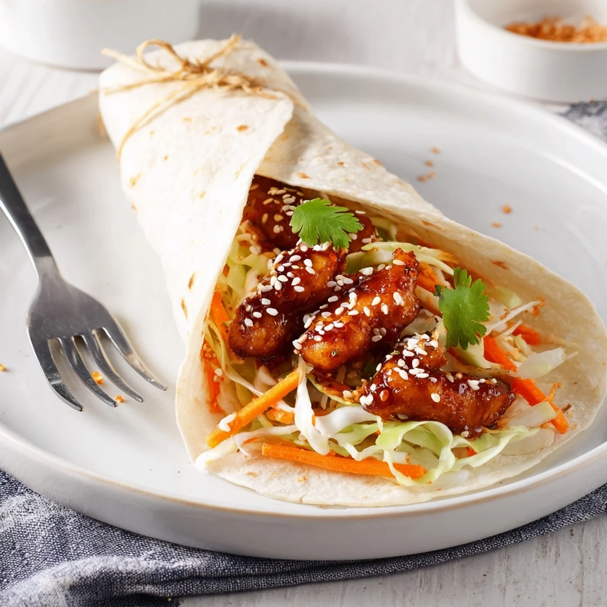 Glazed teriyaki chicken strips rolled with crunchy vegetables and sesame seeds, served warm for an easy weeknight meal.