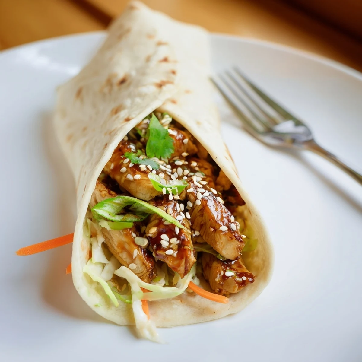 Freshly made teriyaki chicken wrap, featuring tender glazed chicken and colorful veggies wrapped in a soft tortilla.