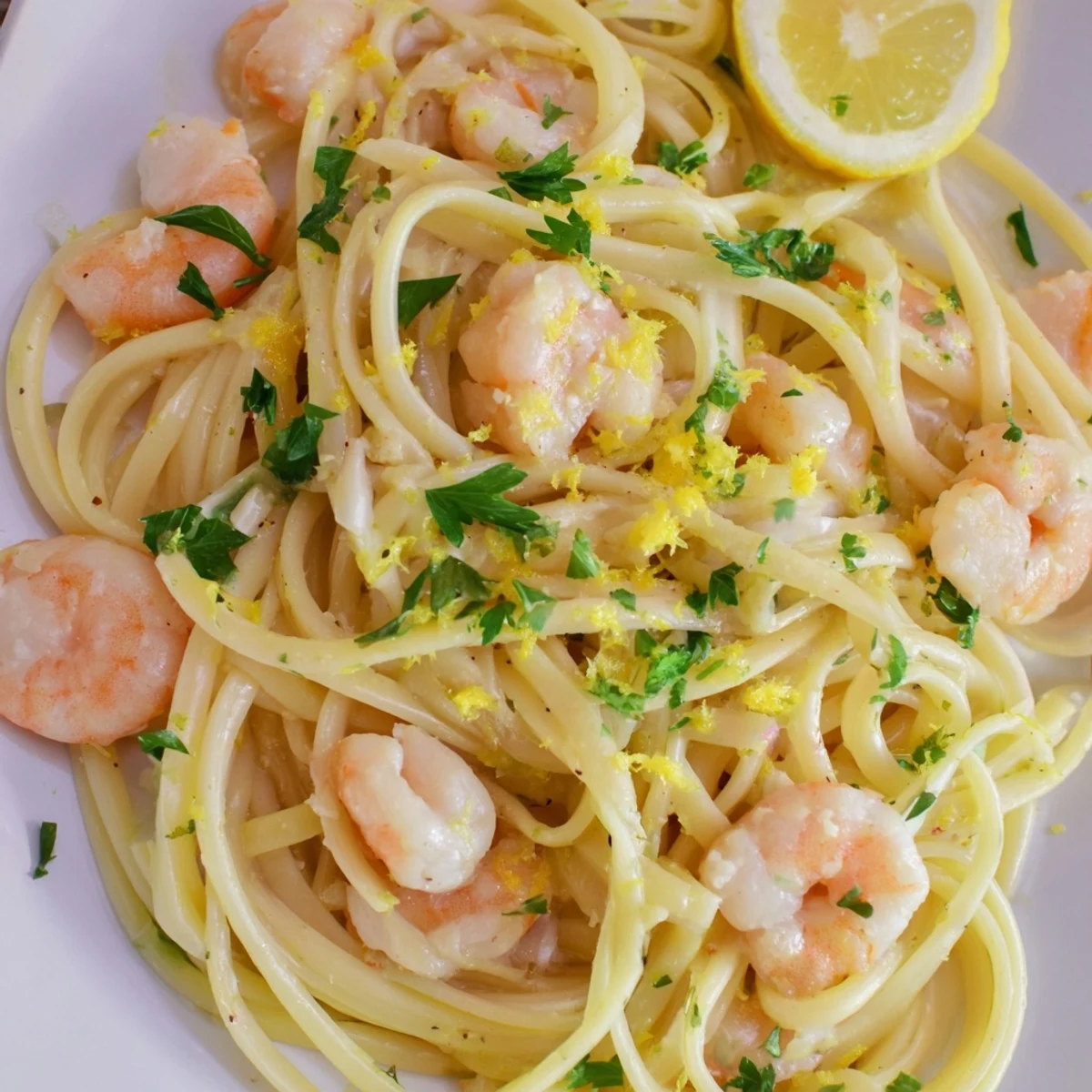 A close-up view of tender grilled chicken and succulent shrimp nestled in linguine with lemon wedges on the side.