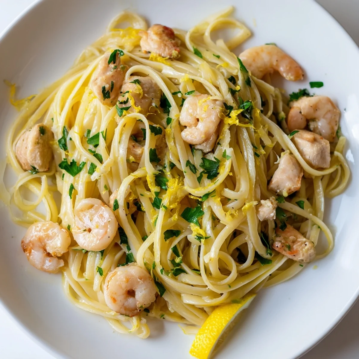 Steaming bowl of zesty Lemon Garlic Shrimp & Chicken Pasta, perfect for a cozy weeknight dinner with salad.