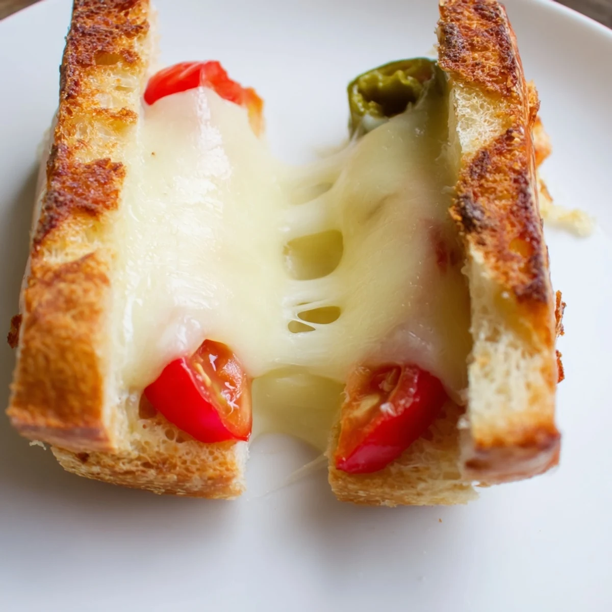 Golden-brown Pepper Jack & Tomato Grilled Cheese, featuring melted cheese oozing from crispy jalapeño-studded bread and fresh tomato slices.