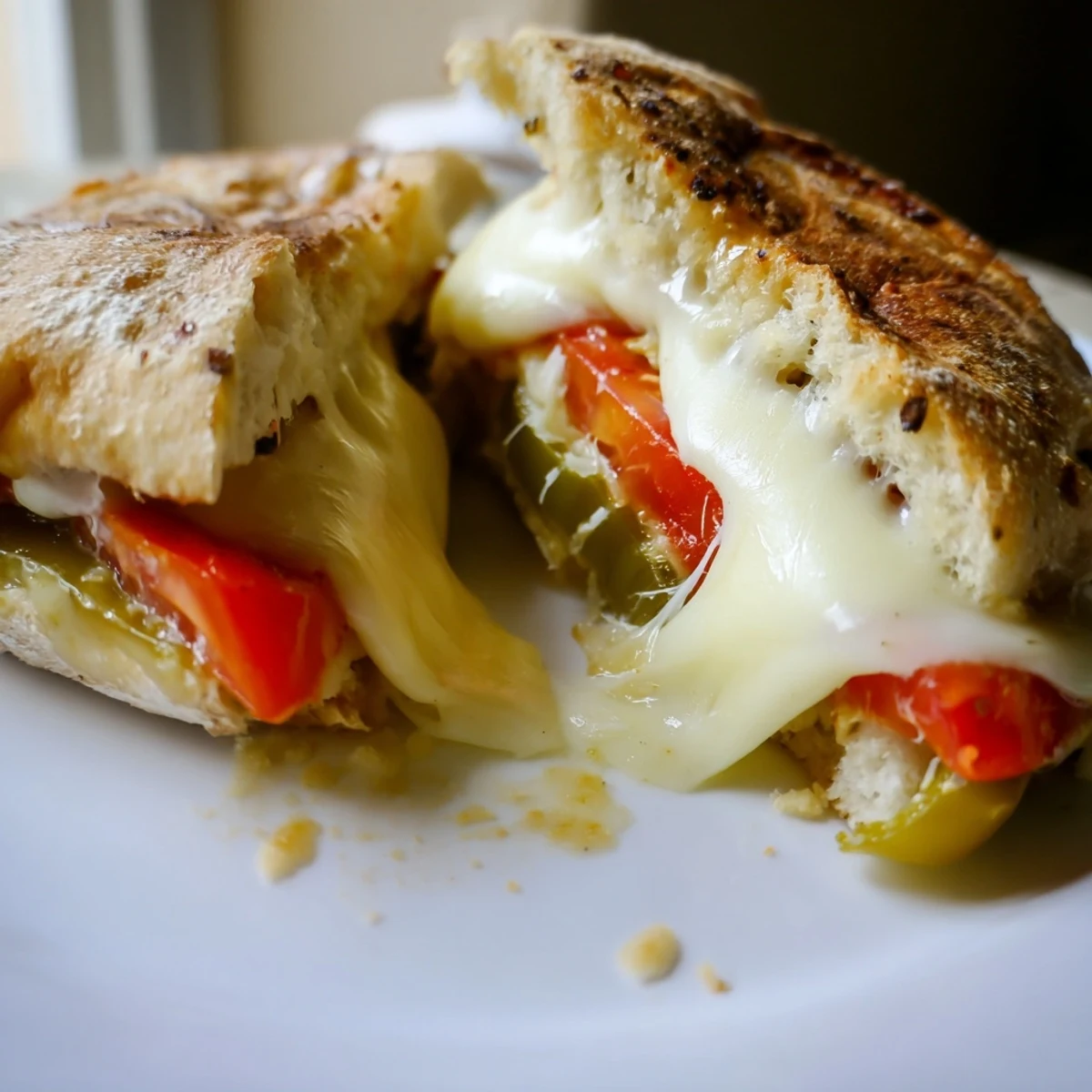 Close-up view of a Pepper Jack & Tomato Grilled Cheese, highlighting the grilled texture of the bread and the vibrant tomato filling.