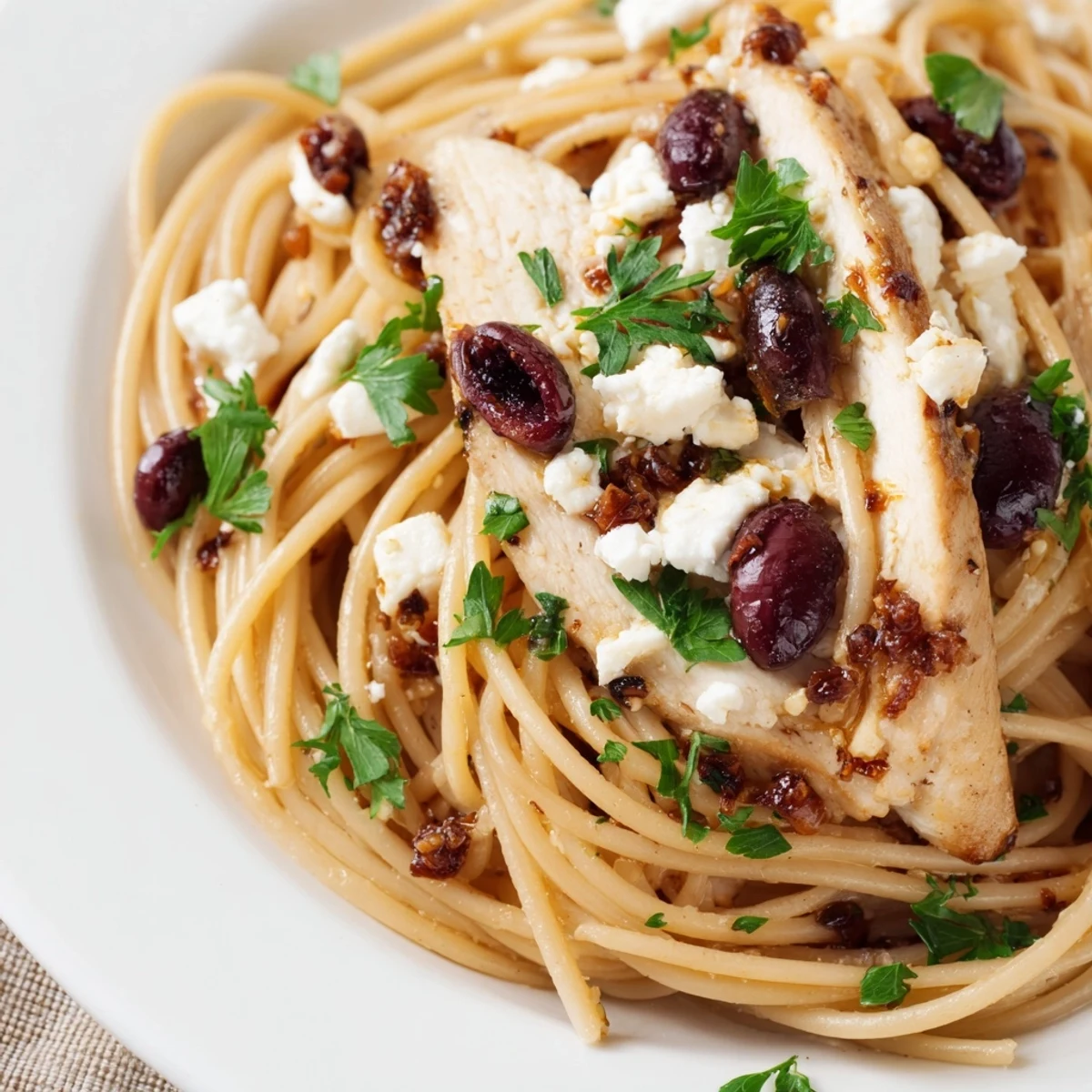 A close-up of Greek Chicken Spaghetti with juicy grilled chicken, bright red tomatoes, and creamy feta cheese on a plate.