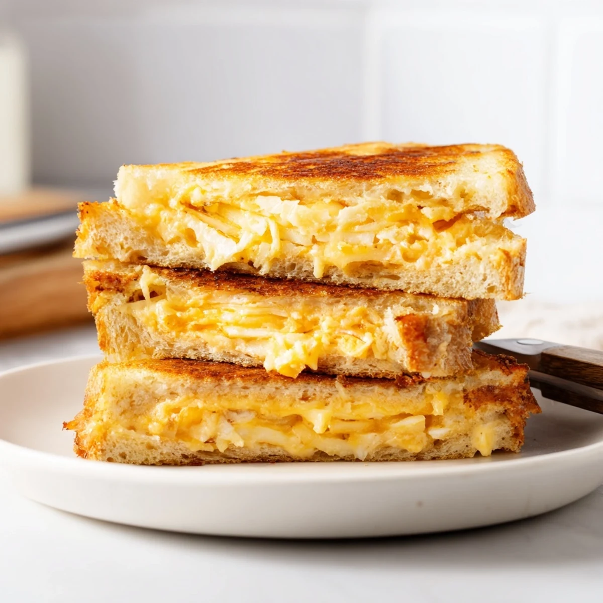 Golden, crispy sourdough slices hold layers of melted cheddar, provolone, and mozzarella for a Triple Cheese Sourdough Grilled Cheese.