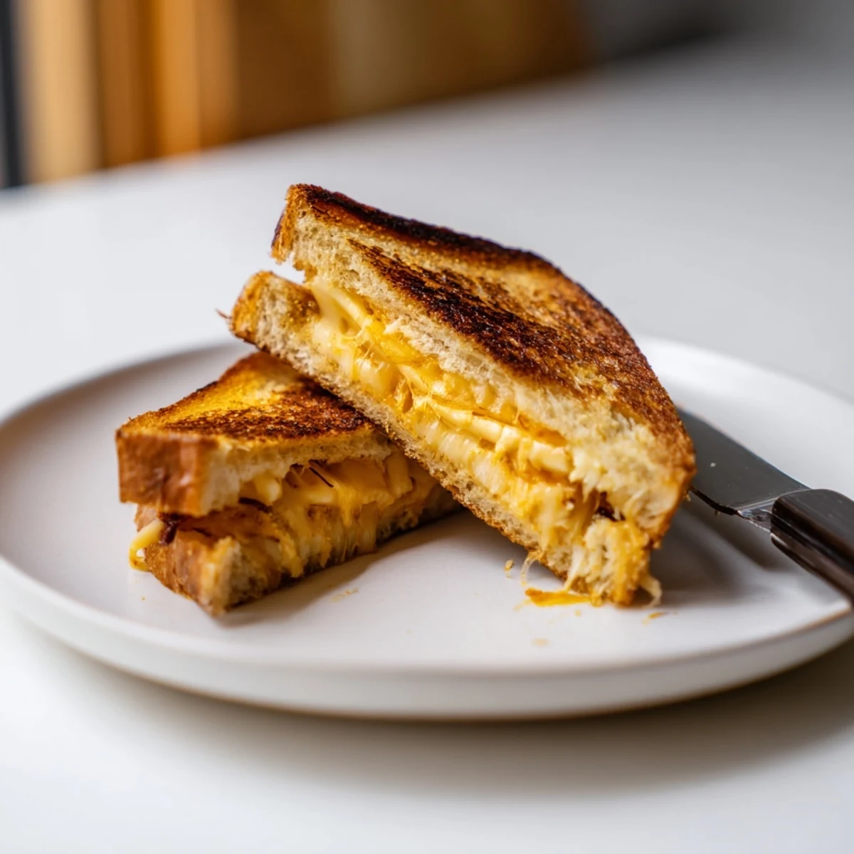A Triple Cheese Sourdough Grilled Cheese rests on a wooden board, showcasing gooey melted cheese oozing from the crust.