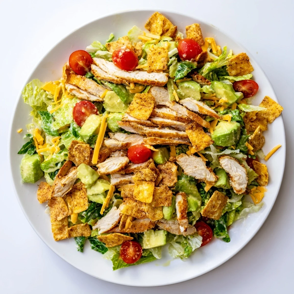 A close-up of Crunchy Taco Chicken Salad with seasoned chicken, black beans, and cheese on crisp romaine lettuce.  