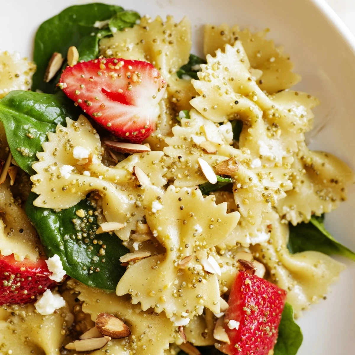 Bright green baby spinach and sliced sweet strawberries are tossed with bow-tie pasta in a vibrant Spring Spinach Strawberry Pasta Salad, drizzled with creamy poppy seed dressing.