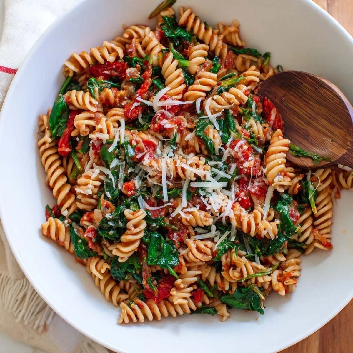 Al dente rotini, diced tomatoes, and fresh spinach simmer together in a savory broth for a comforting one-pot meal.