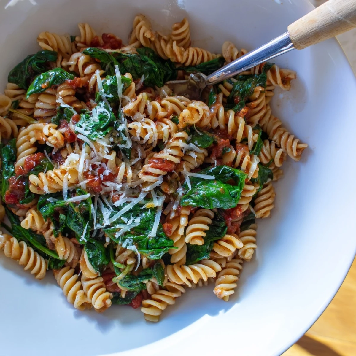 A steaming pot of Tomato Spinach One-Pot Rotini, topped with melted Parmesan, served alongside crusty bread and a fresh salad.