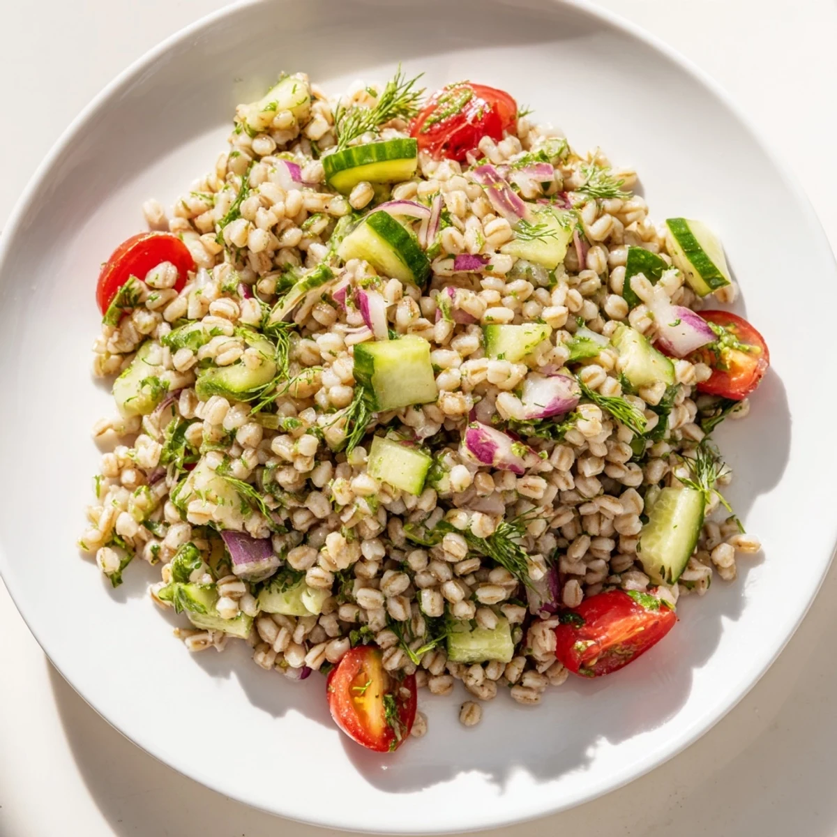 Freshly cooked pearl barley salad with chopped herbs, red onion, and cherry tomatoes in a zesty lemon vinaigrette.