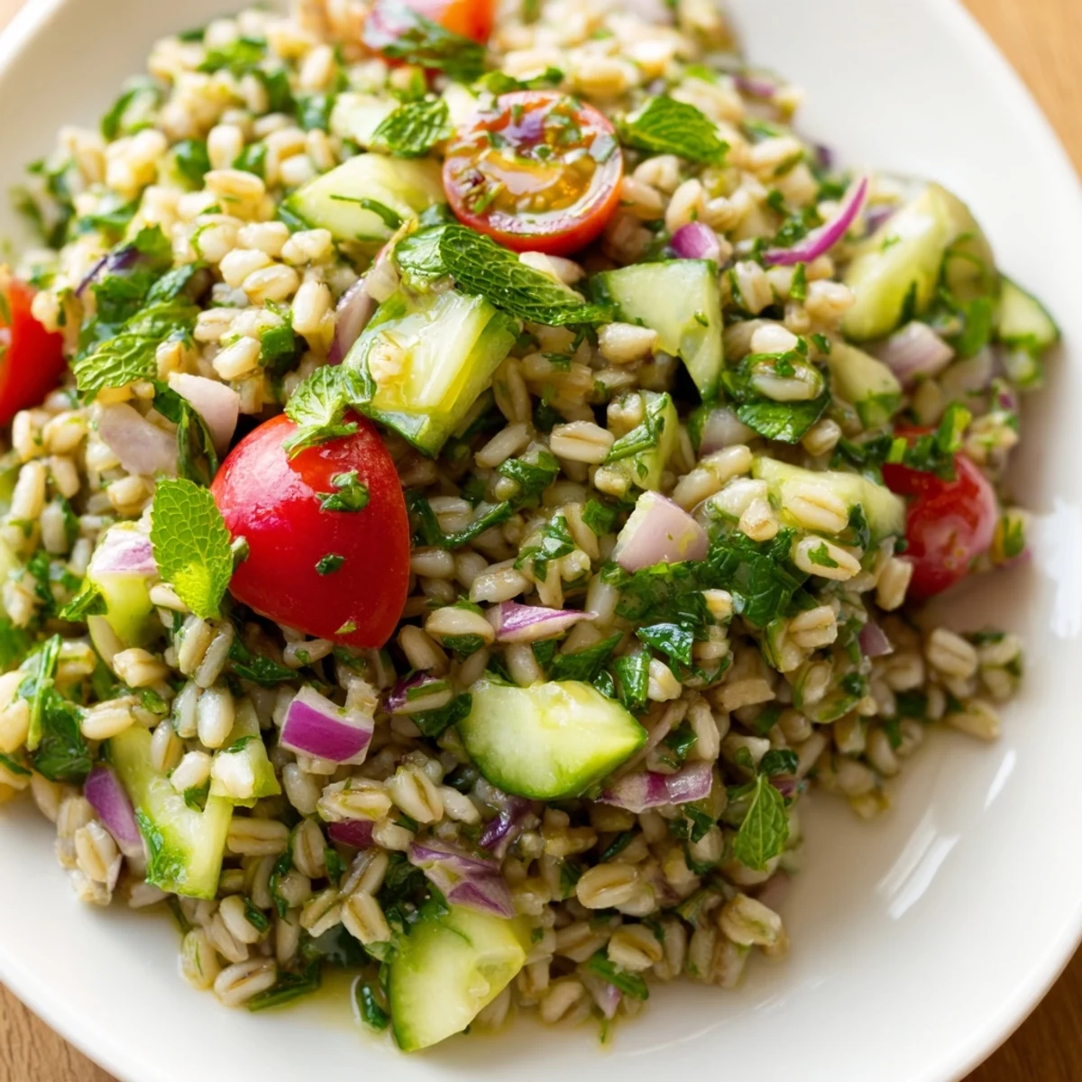 Hearty barley and herb salad topped with crisp cucumbers and parsley, served chilled in a white ceramic bowl.