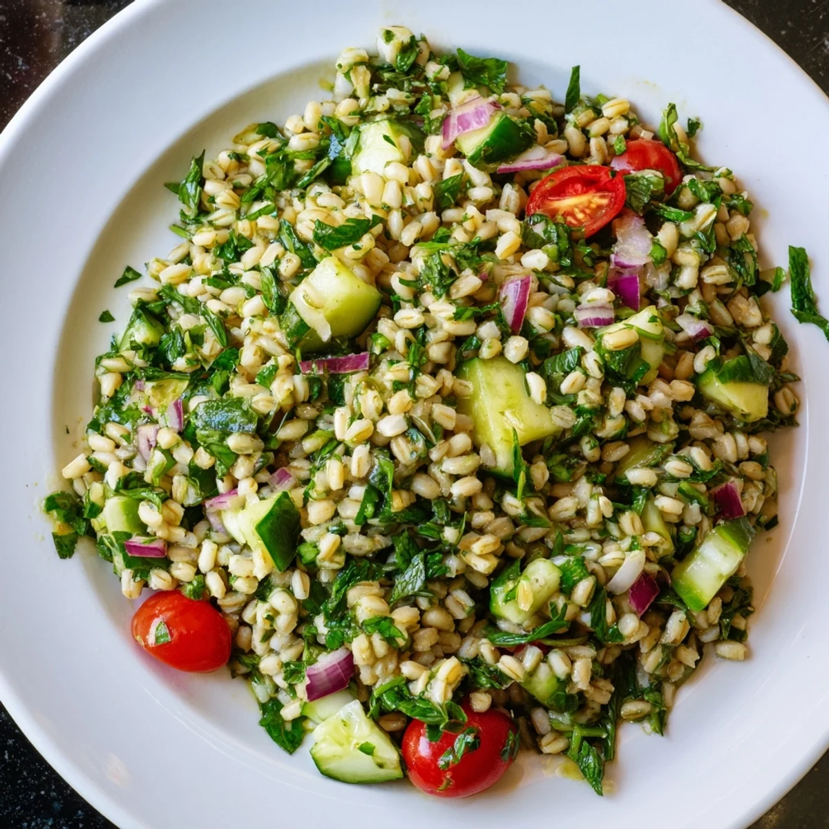 Vibrant Mediterranean barley and herb salad with diced tomatoes and onions, tossed in olive oil and lemon dressing.