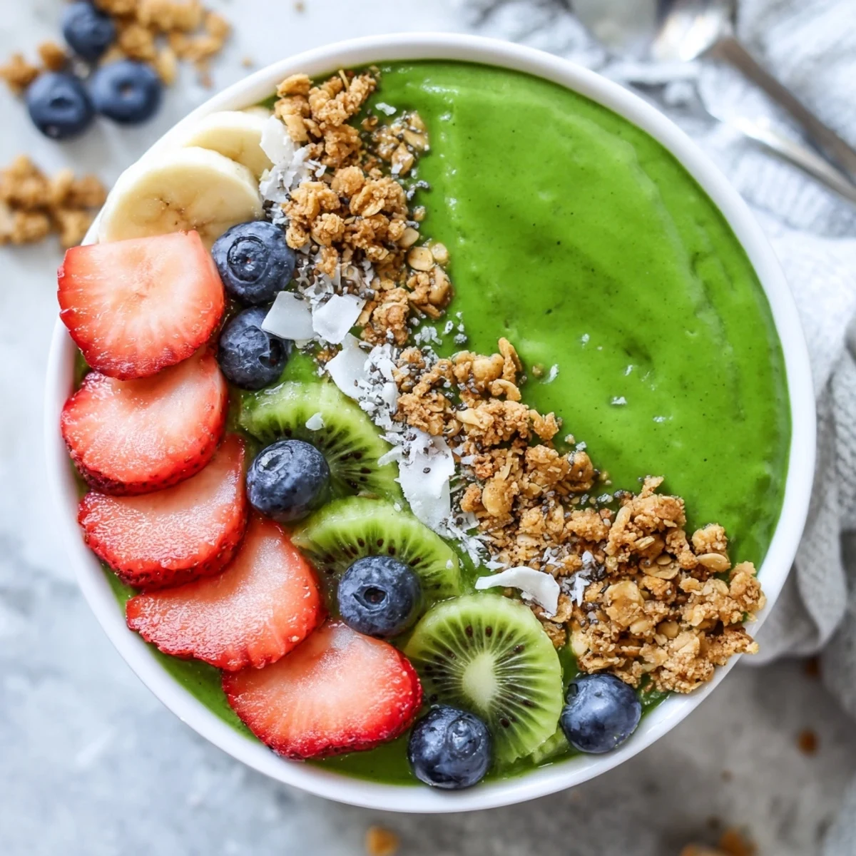 Vibrant green smoothie bowl made with spinach and tropical fruit, topped with granola, fresh berries, and coconut flakes for a nutritious breakfast.