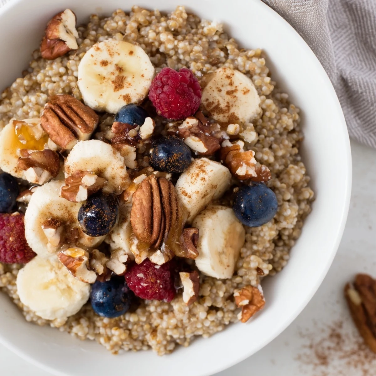 A bowl of warm, cooked buckwheat groats topped with crunchy mixed nuts and fresh diced fruit, served with a drizzle of honey.