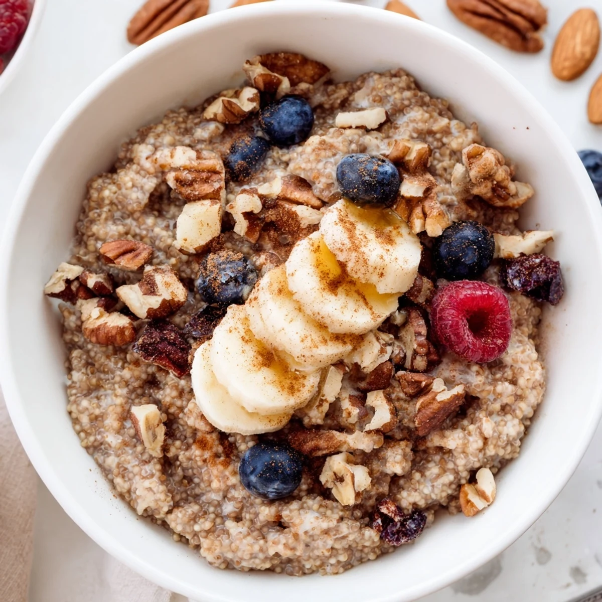 Tender buckwheat groats and colorful fresh fruit topped with almonds and cinnamon, making a wholesome, nutritious breakfast bowl for busy mornings.