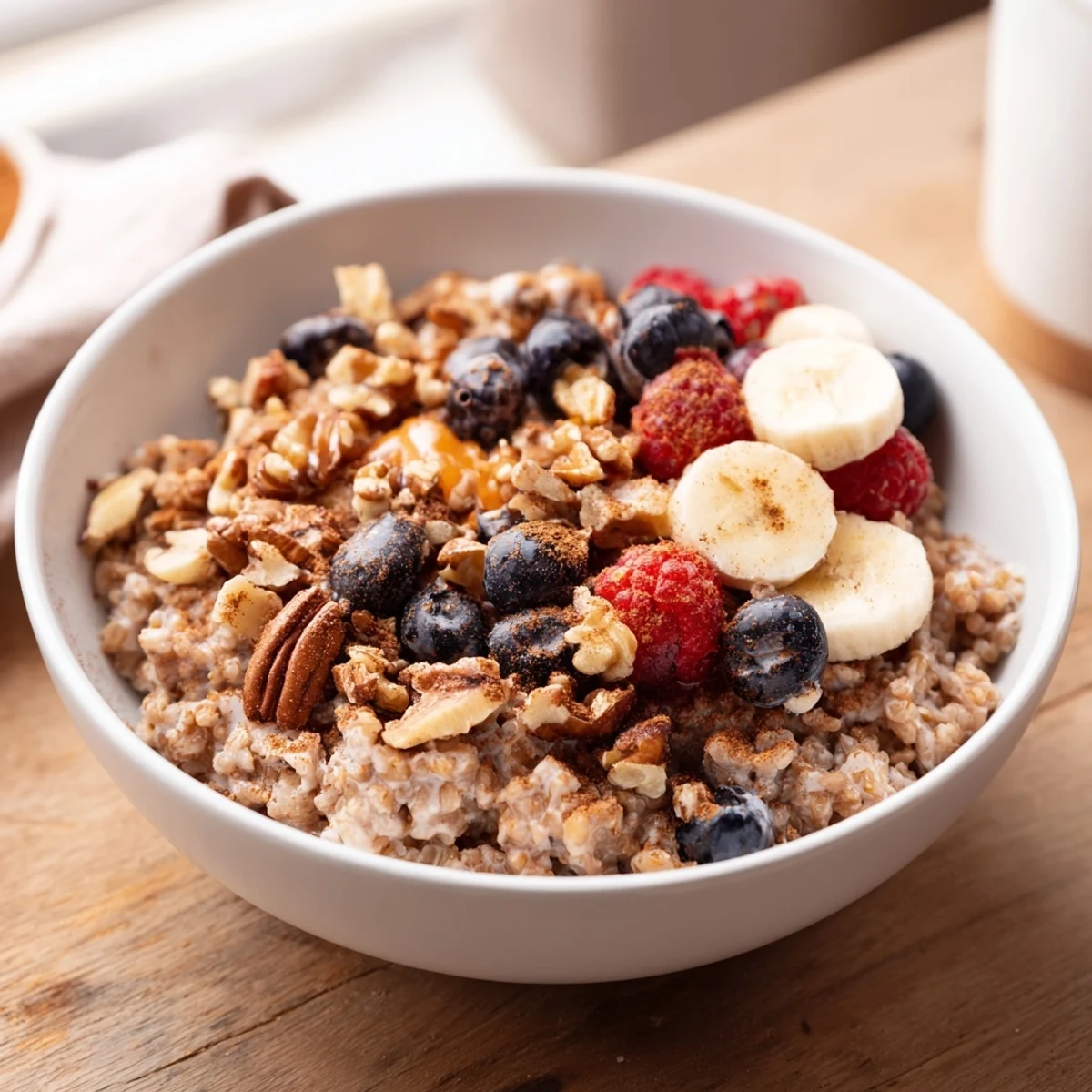 Gluten-free buckwheat groats breakfast with sliced apples, berries, and chopped walnuts, ready to eat with a splash of creamy milk.