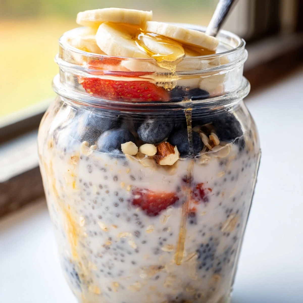 Creamy Overnight Oats with Chia Seeds in a clear jar, topped with fresh blueberries and sliced banana for a vibrant breakfast.