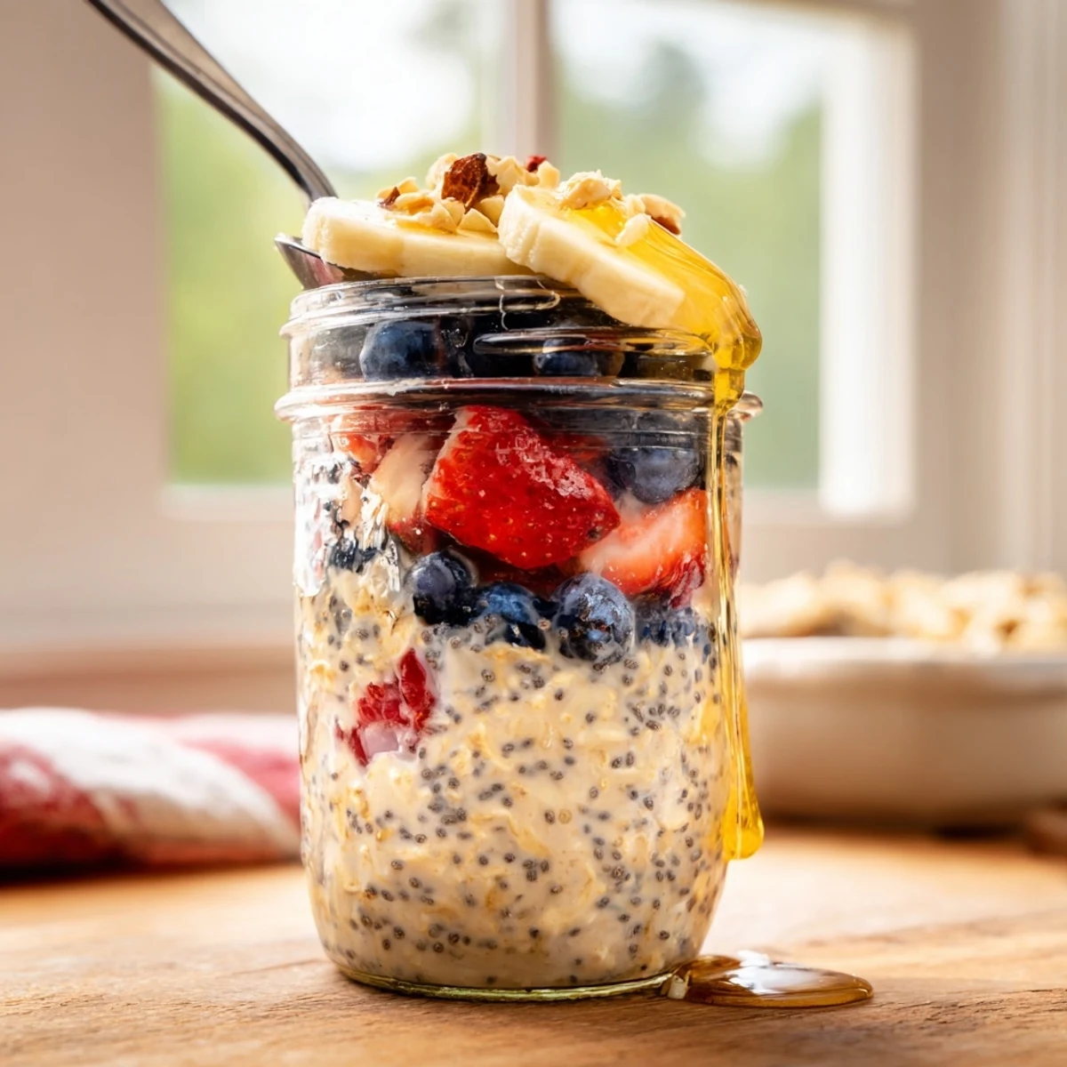 Two serving jars of Overnight Oats with Chia Seeds, layered with berries and a swirl of nut butter for busy mornings.
