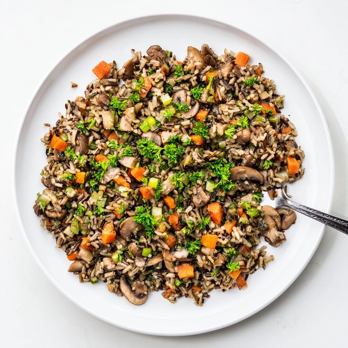 Fluffy wild rice and mushroom pilaf garnished with fresh parsley and toasted almonds, served warm in a rustic dish for a cozy side dish or vegetarian meal.