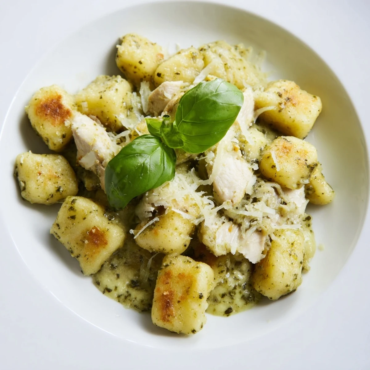Golden-brown chicken cubes and pan-crisped gnocchi coated in a vibrant green basil pesto cream sauce, served hot in a skillet.  