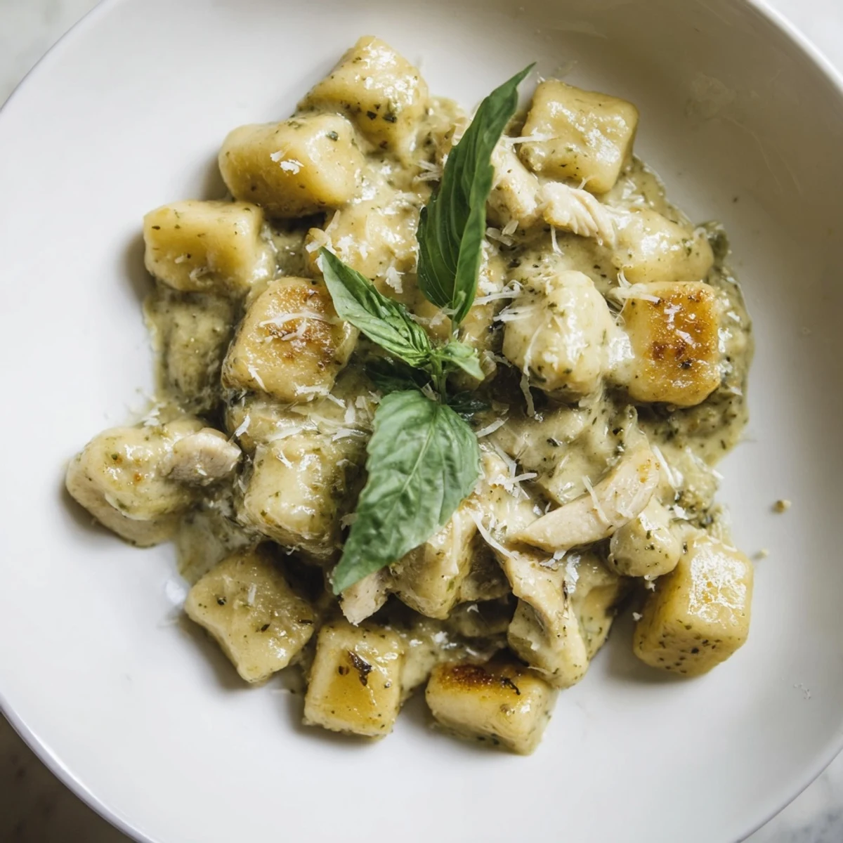 A close-up of creamy pesto gnocchi with chicken, garnished with fresh basil and grated Parmesan, perfect for a weeknight dinner.  