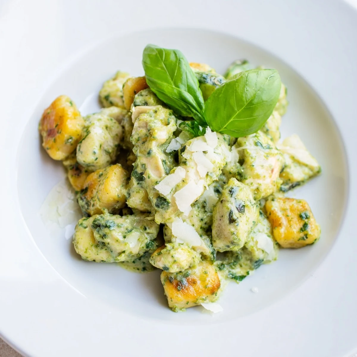 Steamy, saucy Creamy Pesto Gnocchi with Chicken in a white bowl, showcasing the rich texture and Italian-inspired flavors.