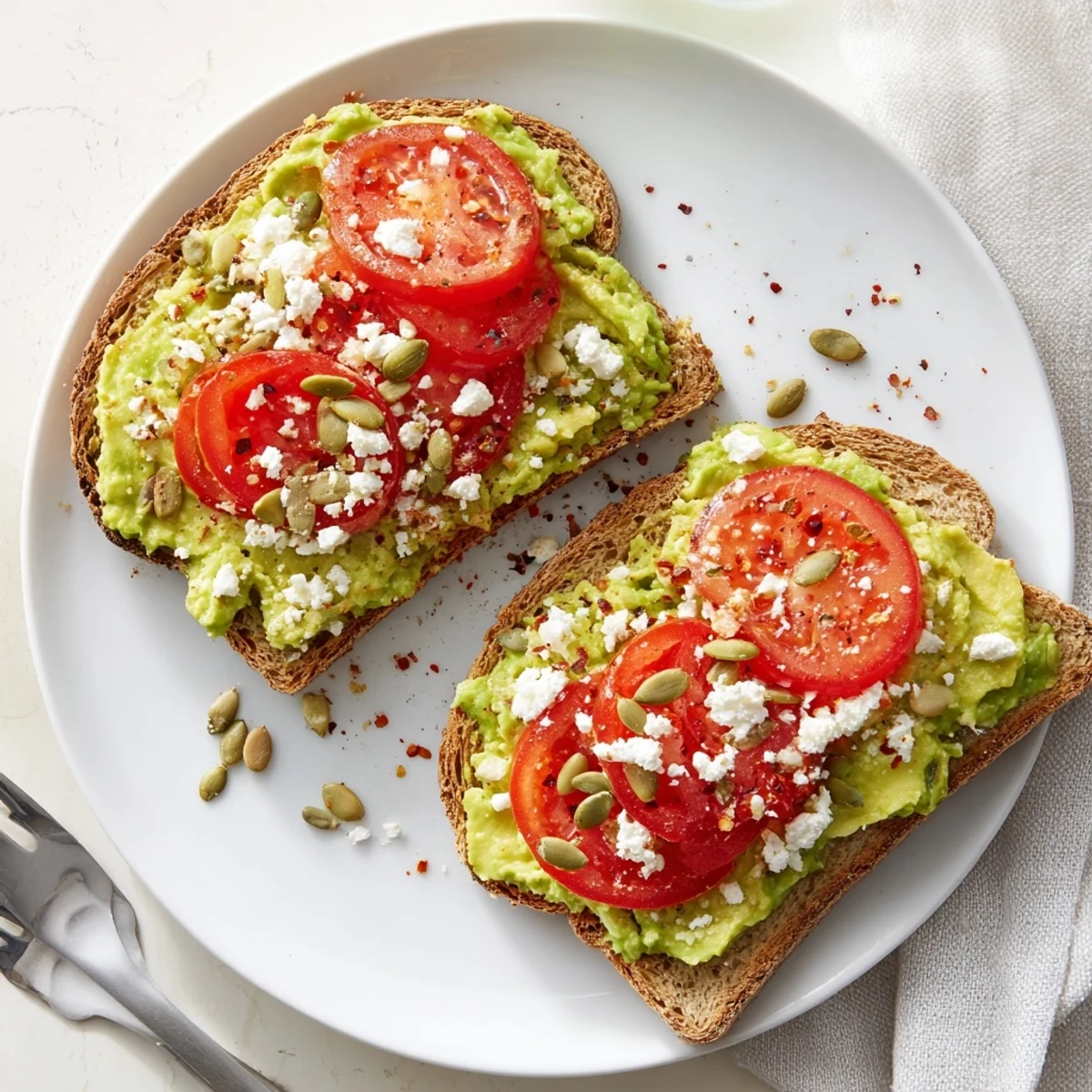 Creamy avocado mash spread over golden, crispy whole grain toast topped with fresh tomatoes and seeds.  