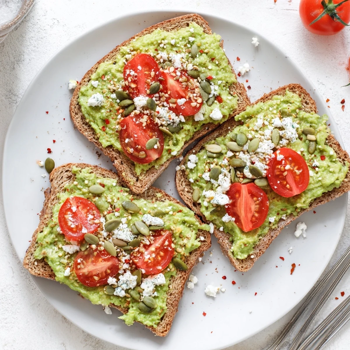 Hearty avocado toast on whole grain bread, garnished with feta and red pepper flakes for flavor.  
