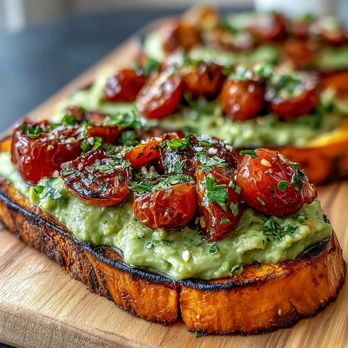 Roasted sweet potato toast slices topped with creamy avocado and fresh cherry tomatoes for a savory breakfast.