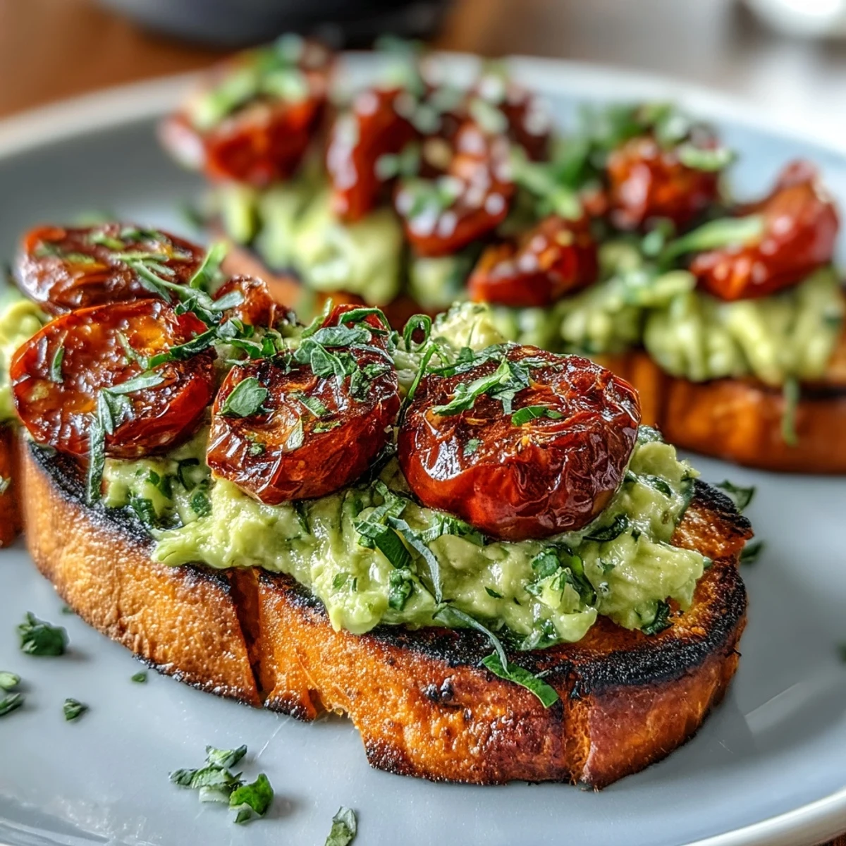 Golden sweet potato toast topped with hummus, crumbled feta, and a sprinkle of chili flakes, served fresh.