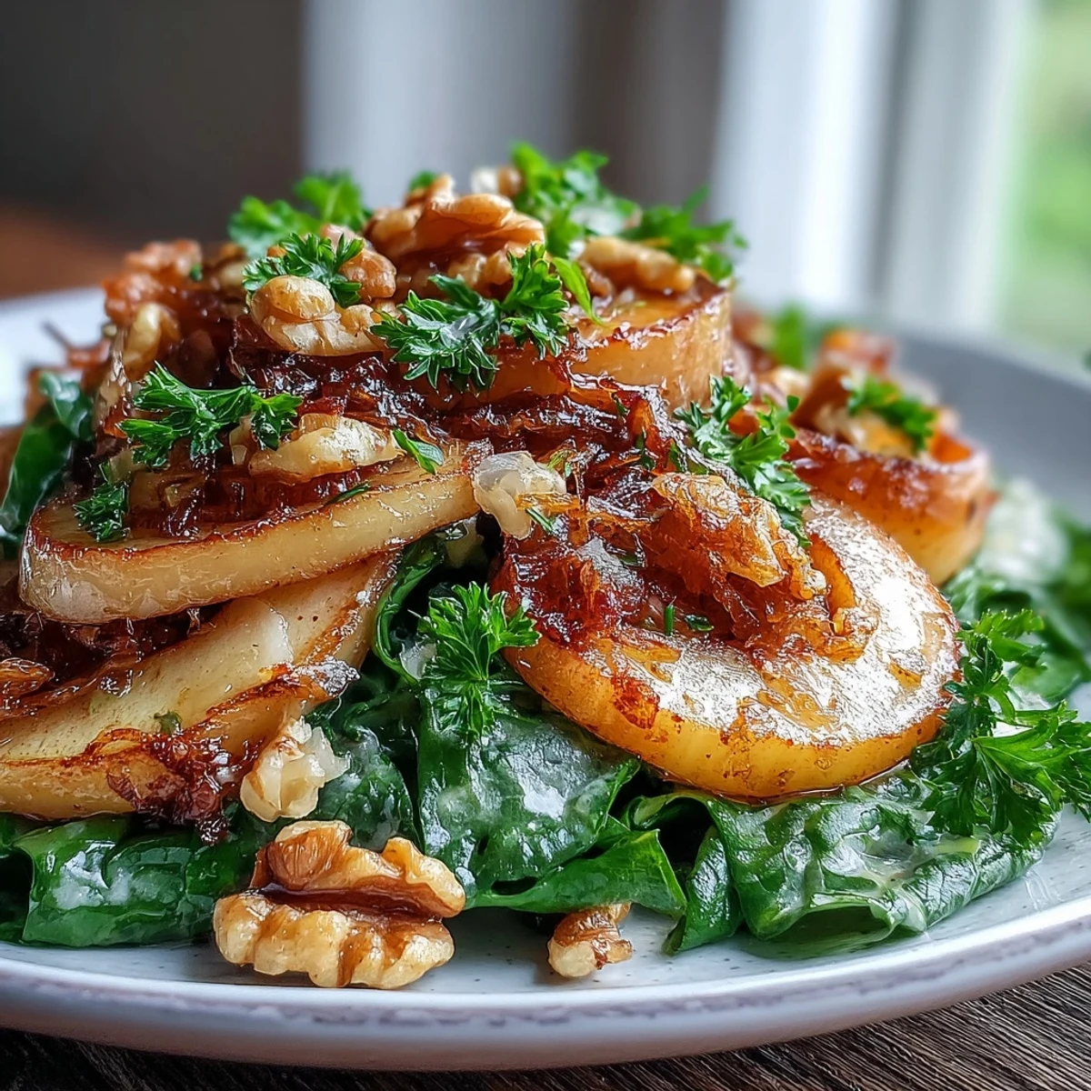 Sizzling skillet of Warm Apple and Sauerkraut Salad topped with crunchy walnuts and parsley.