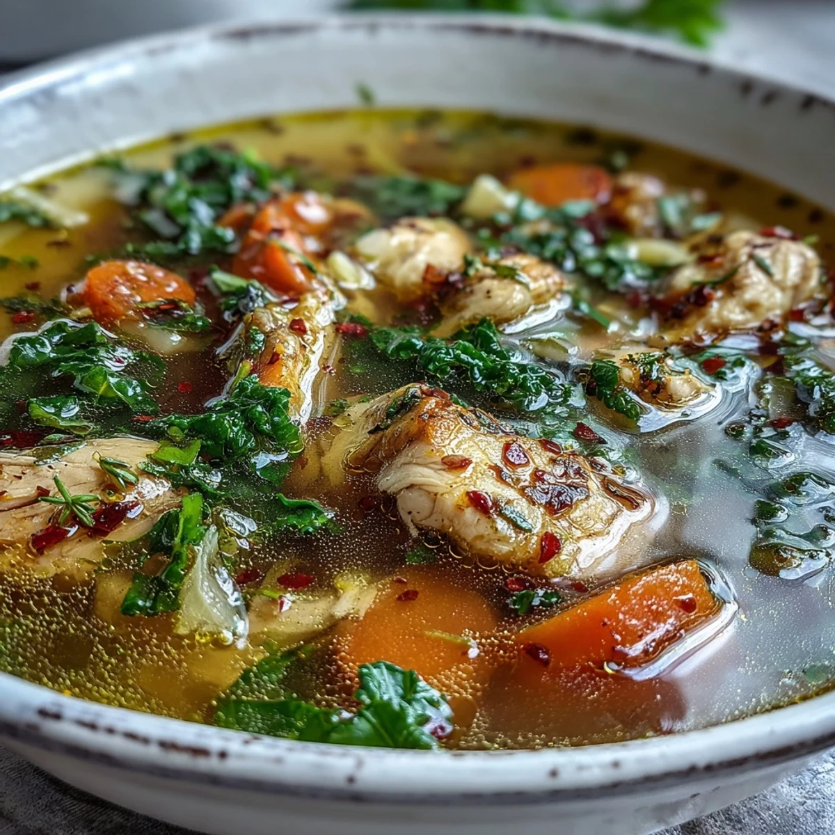 A ladle lifts savory broth with bright lemon zest in this easy high protein lemon and turmeric chicken soup.