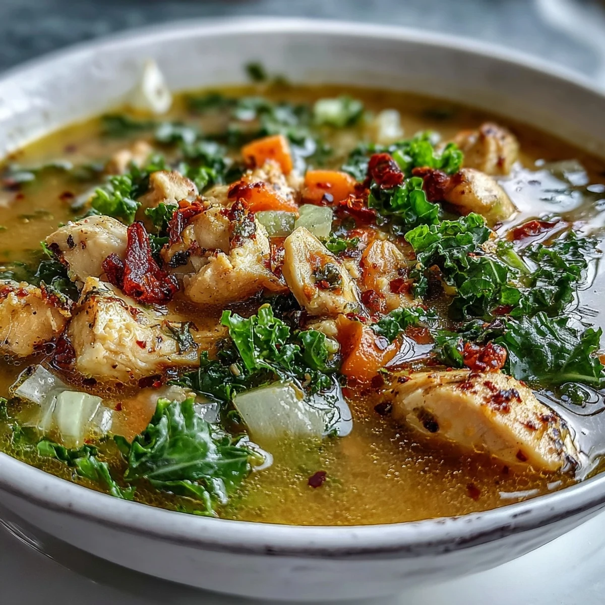 Serve High Protein Lemon and Turmeric Chicken Soup hot with lemon wedges and parsley for a cozy gluten free dinner.