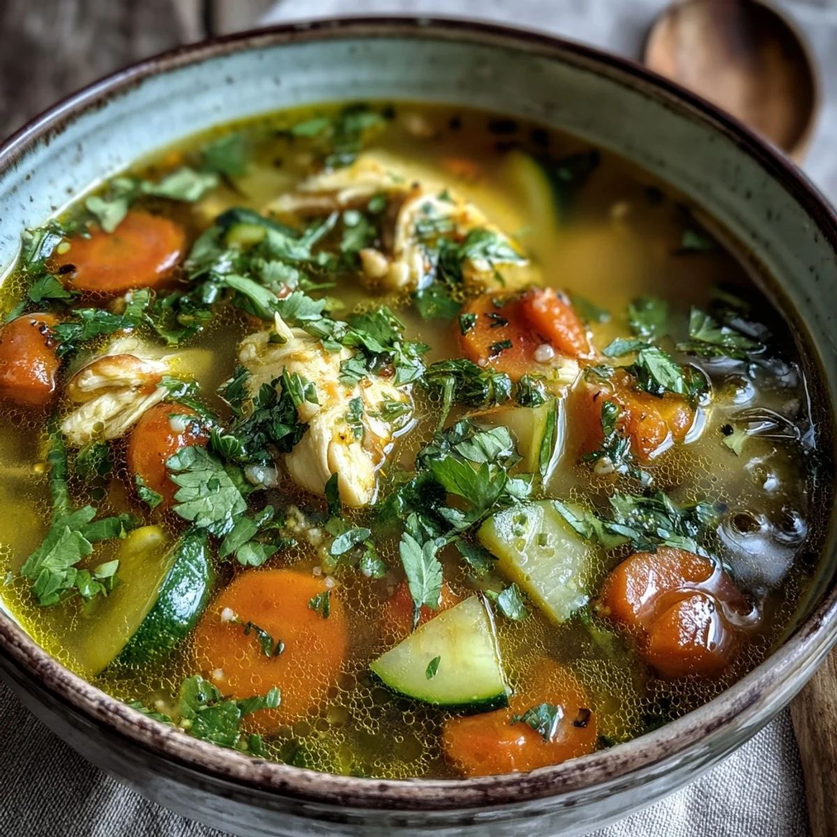A bowl of golden Turmeric Chicken Soup garnished with fresh parsley, steaming warmly beside lemon slices.