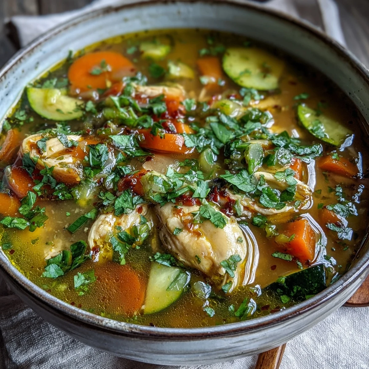 Bright yellow Turmeric Chicken Soup simmering in a pot, featuring turmeric, ginger, and fresh cilantro garnish.