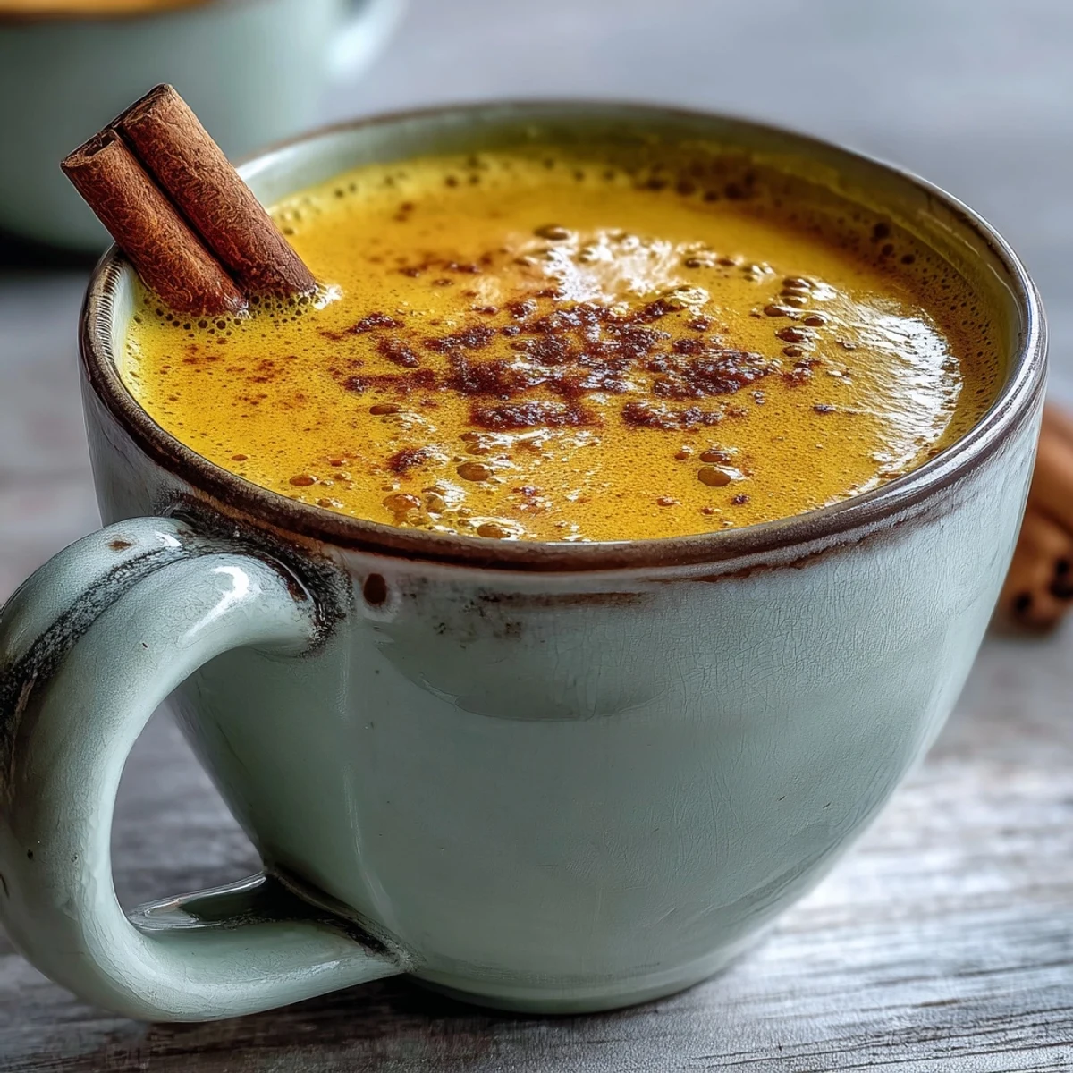 Turmeric and Ginger Golden Milk in a rustic ceramic mug, garnished with a cinnamon stick.