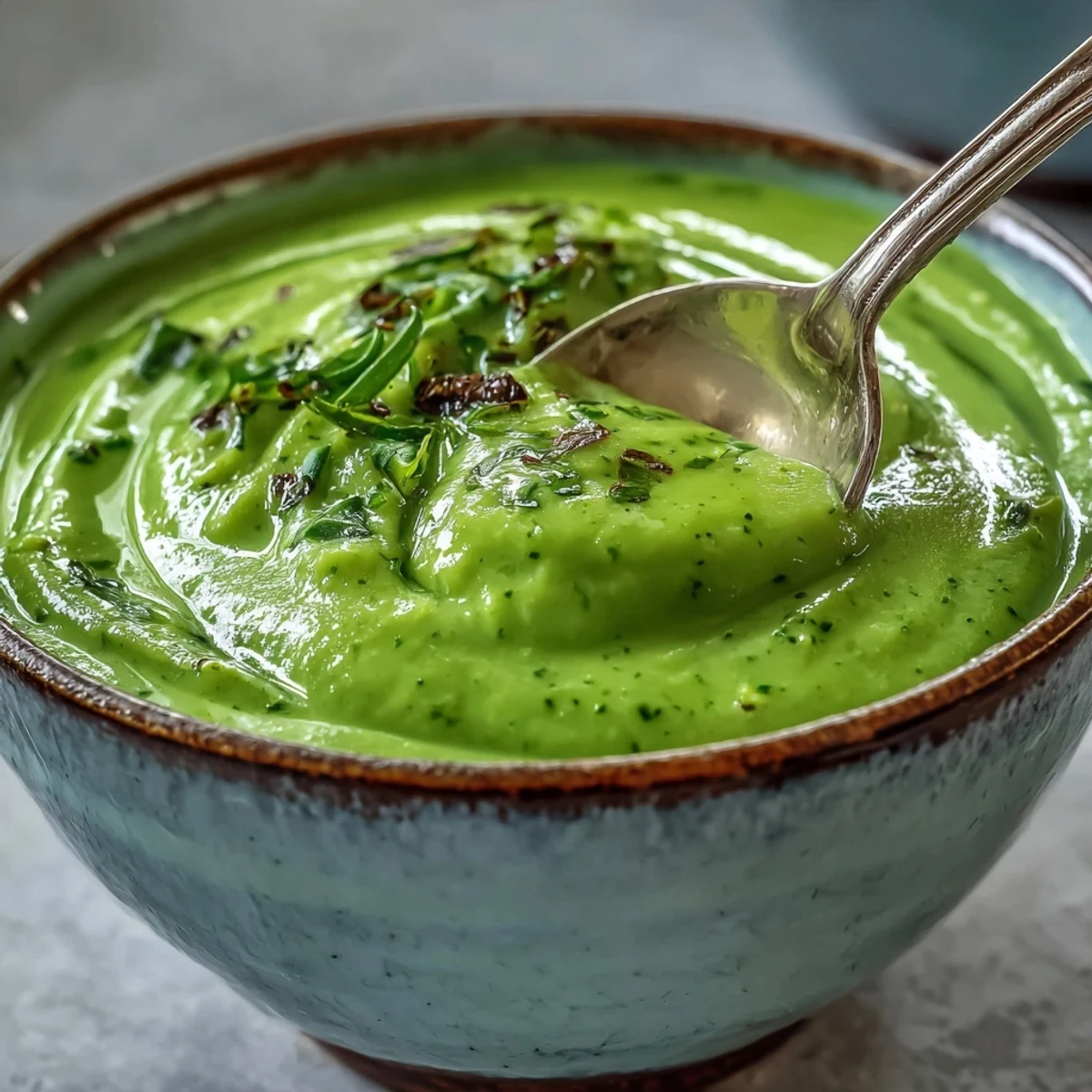 A steaming bowl of Courgette, Pea and Pesto Soup topped with pesto swirls and basil.