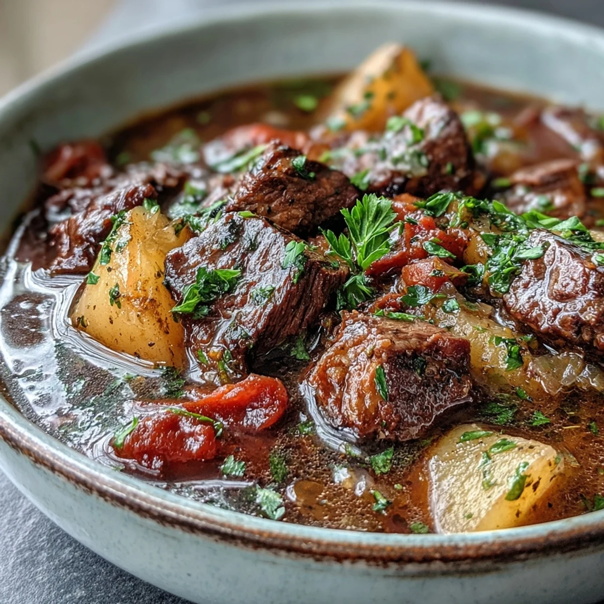 Steaming bowl of Beef and Vegetable Soup with vibrant carrots, potatoes, and green beans, ready to enjoy.