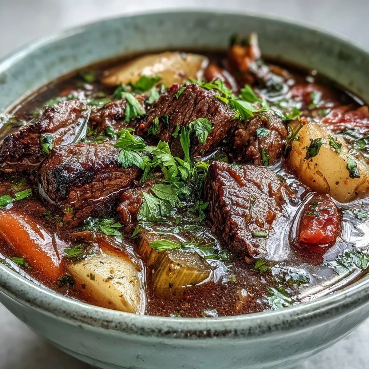 Tender beef and root vegetables simmer in rich broth inside a Dutch oven, creating a cozy homemade meal.