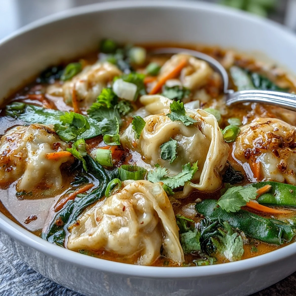 A close-up of Red Curry Wonton Soup with Greens, showing plump wontons and fresh spinach in a creamy red broth.