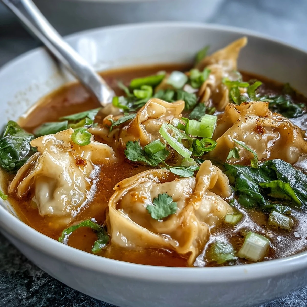 Top-down view of steaming Red Curry Wonton Soup with Greens, featuring colorful carrots, snow peas, and sliced green onions.